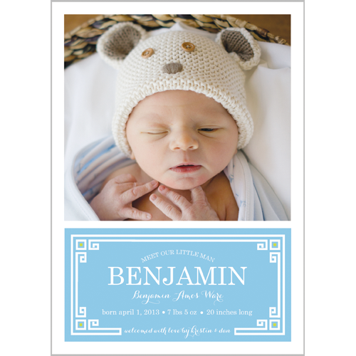 Blue Greek Key Plaque Photo Birth Announcement Card