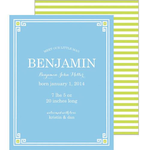 Blue + Chartreuse Greek Key Border A2 Birth Announcement Card