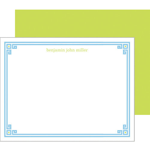 Blue + Chartreuse Greek Key Border Personalized Flat Notecards