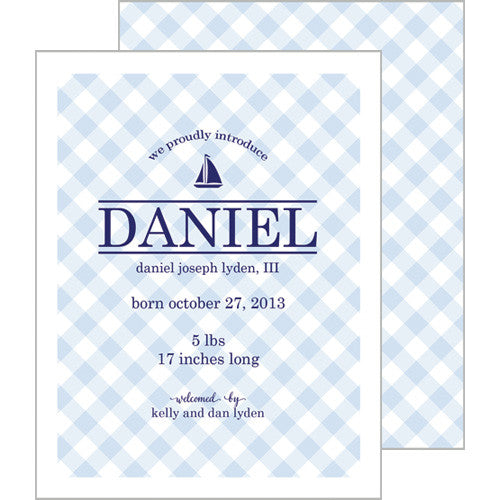 Blue Gingham A2 Birth Announcement Card