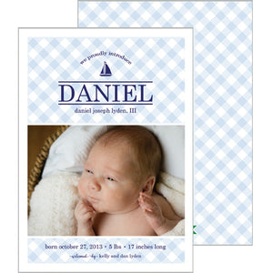 Blue Gingham Check Photo Birth Announcement Card | Multiple Icon Options