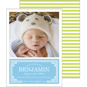 Blue + Chartreuse Greek Key Plaque Photo Birth Announcement Card