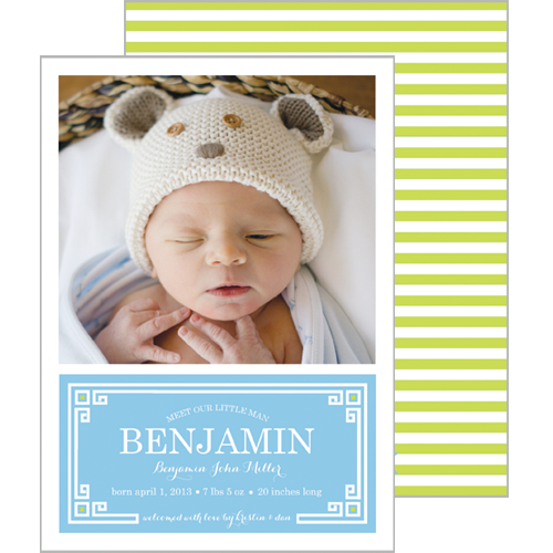 Blue + Chartreuse Greek Key Plaque Photo Birth Announcement Card Wholesale