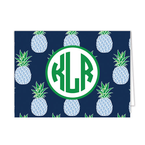 Blue Pineapple Pattern Personalized Folded Notecards