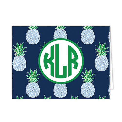 Blue Pineapple Pattern Personalized Folded Notecards