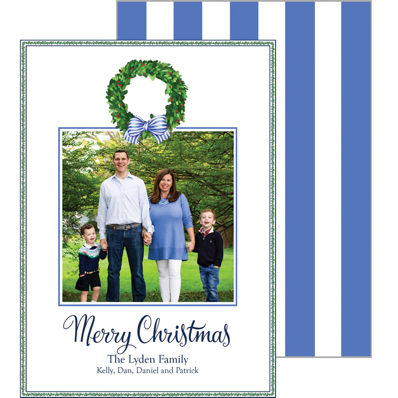 Boxwood Wreath with Blue Striped Bow Holiday Photo Card