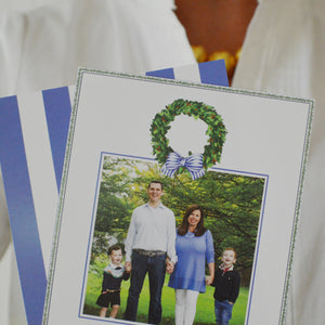 Boxwood Wreath with Blue Striped Bow Holiday Photo Card