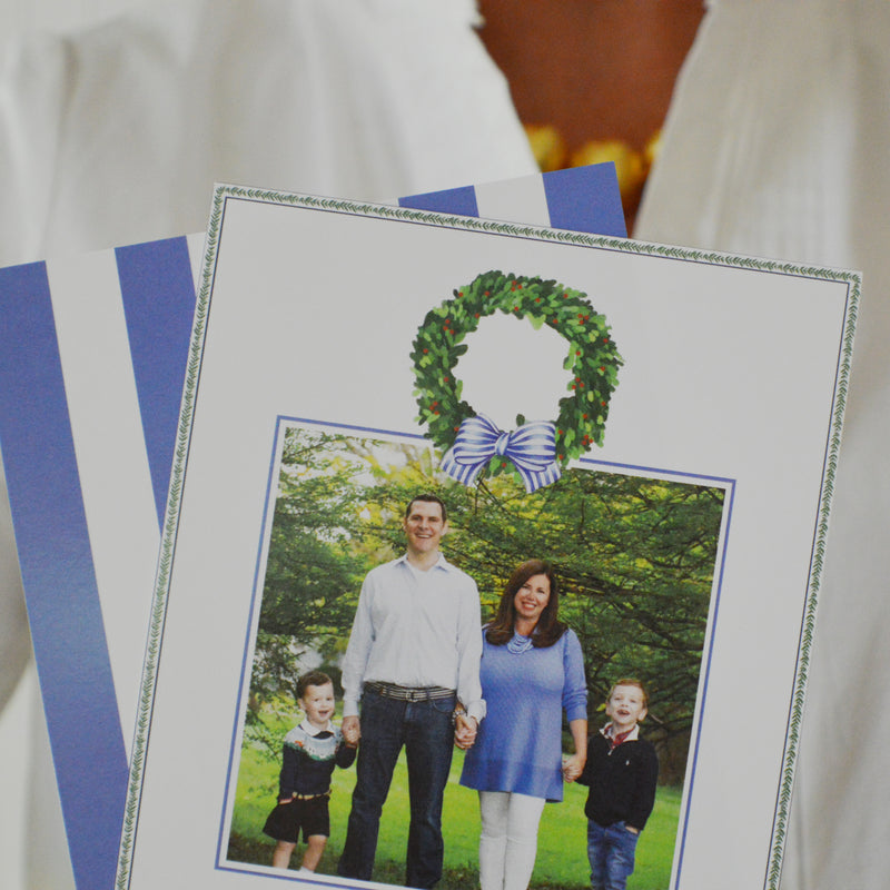 Boxwood Wreath with Blue Striped Bow Holiday Photo Card