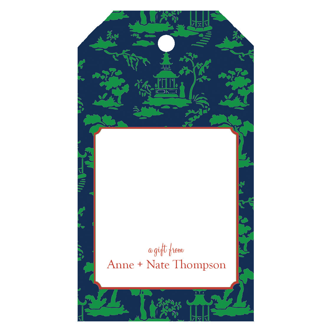 Chinoiserie Toile Personalized Holiday Gift Tags | Navy Blue + Green