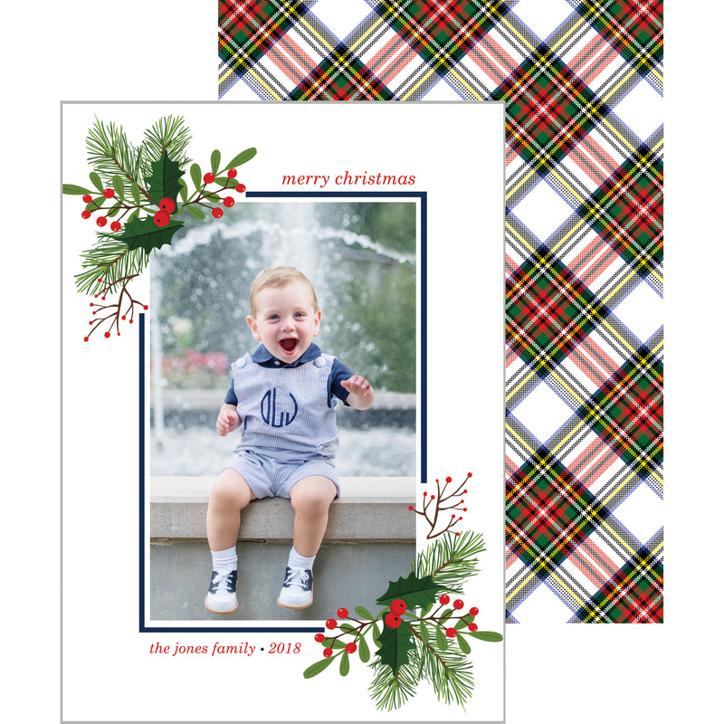 Christmas Greenery and Plaid Holiday Photo Card