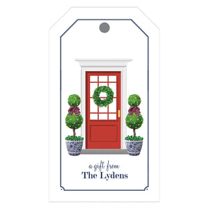 Christmas Front Door with Topiary Trees Personalized Holiday Gift Tags