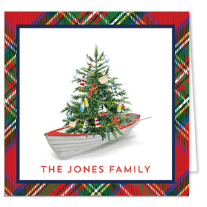 Nautical Christmas Tree in a Row Boat Personalized Enclosure Cards + Envelopes