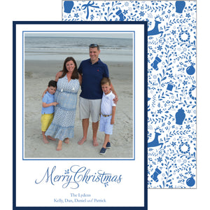 Blue and White Christmas Toile Vertical Holiday Photo Card