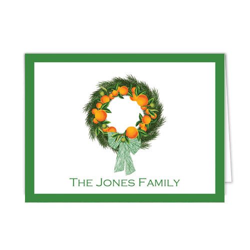Citrus Wreath with Oranges and Evergreen Personalized Folded Notecards