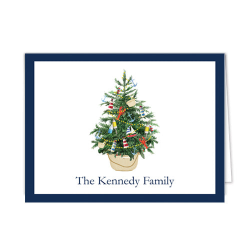 Coastal Christmas Tree in a Nantucket Basket Personalized Folded Notecards
