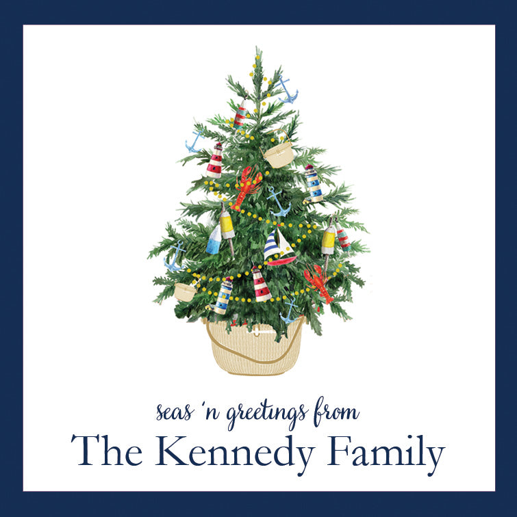 Coastal Christmas Tree in a Nantucket Basket Gift Sticker | Set of 24