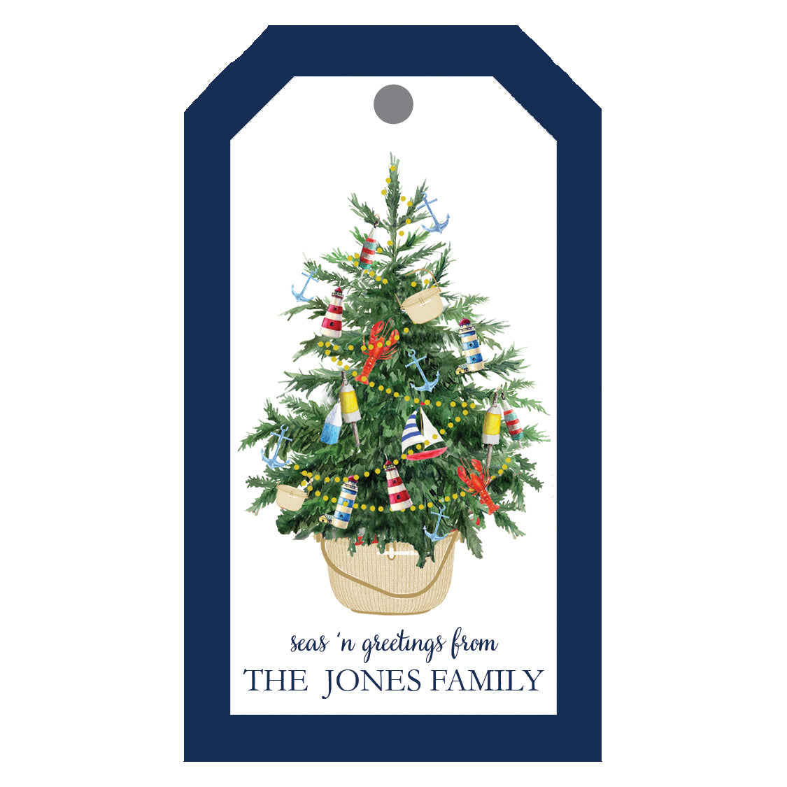 Coastal Christmas Tree in Nantucket Basket Personalized Gift Tags