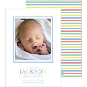 Blue Green Colorful Stripe Photo Birth Announcement Cards
