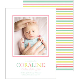 Pink Aqua Colorful Stripe Photo Birth Announcement