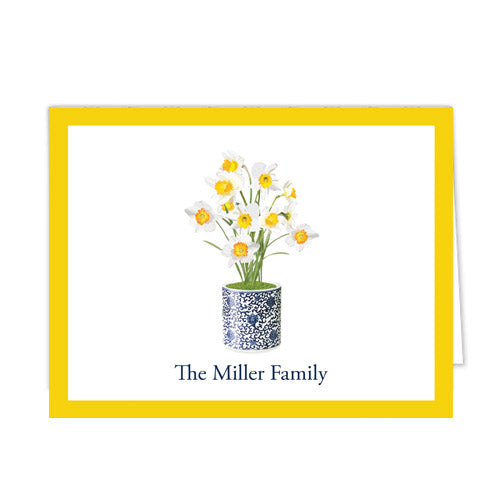 Daffodils in Blue + White Pot Personalized Folded Notecards