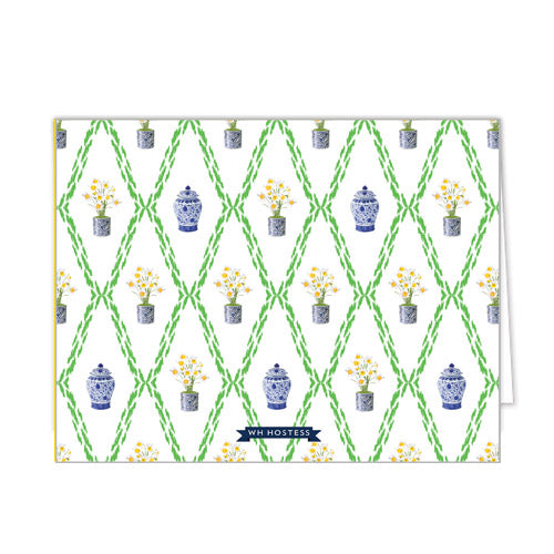 Daffodils in Blue + White Pot Personalized Folded Notecards