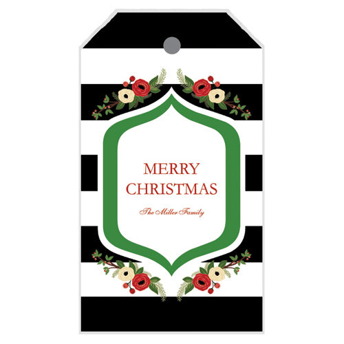 Floral Black Stripe Christmas Gift Tags
