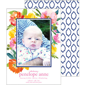 Watercolor Floral Ikat Photo Birth Announcement