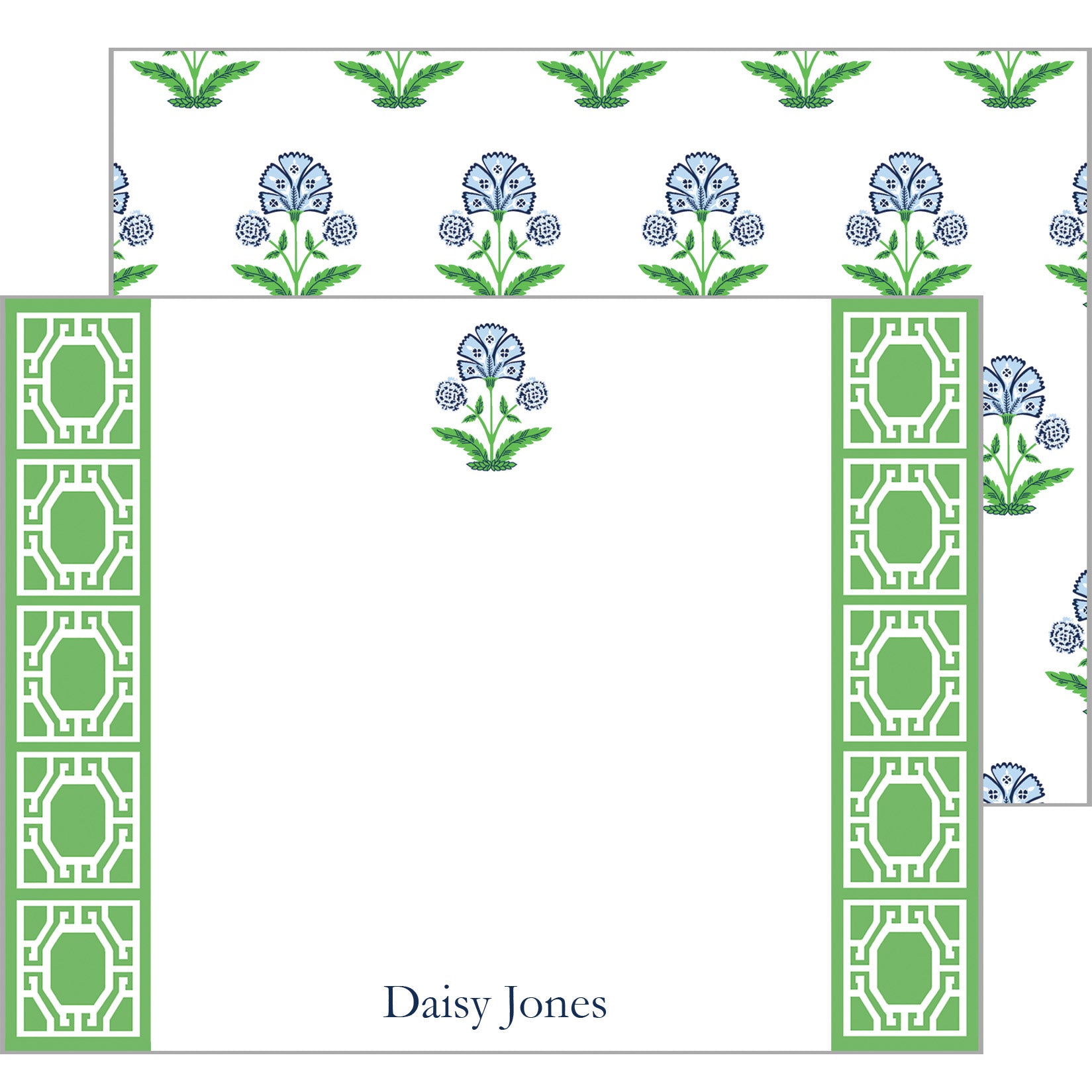Floral Block Print Personalized Flat Notecards