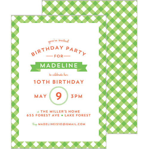 Gingham Check Invitation - Lime Green