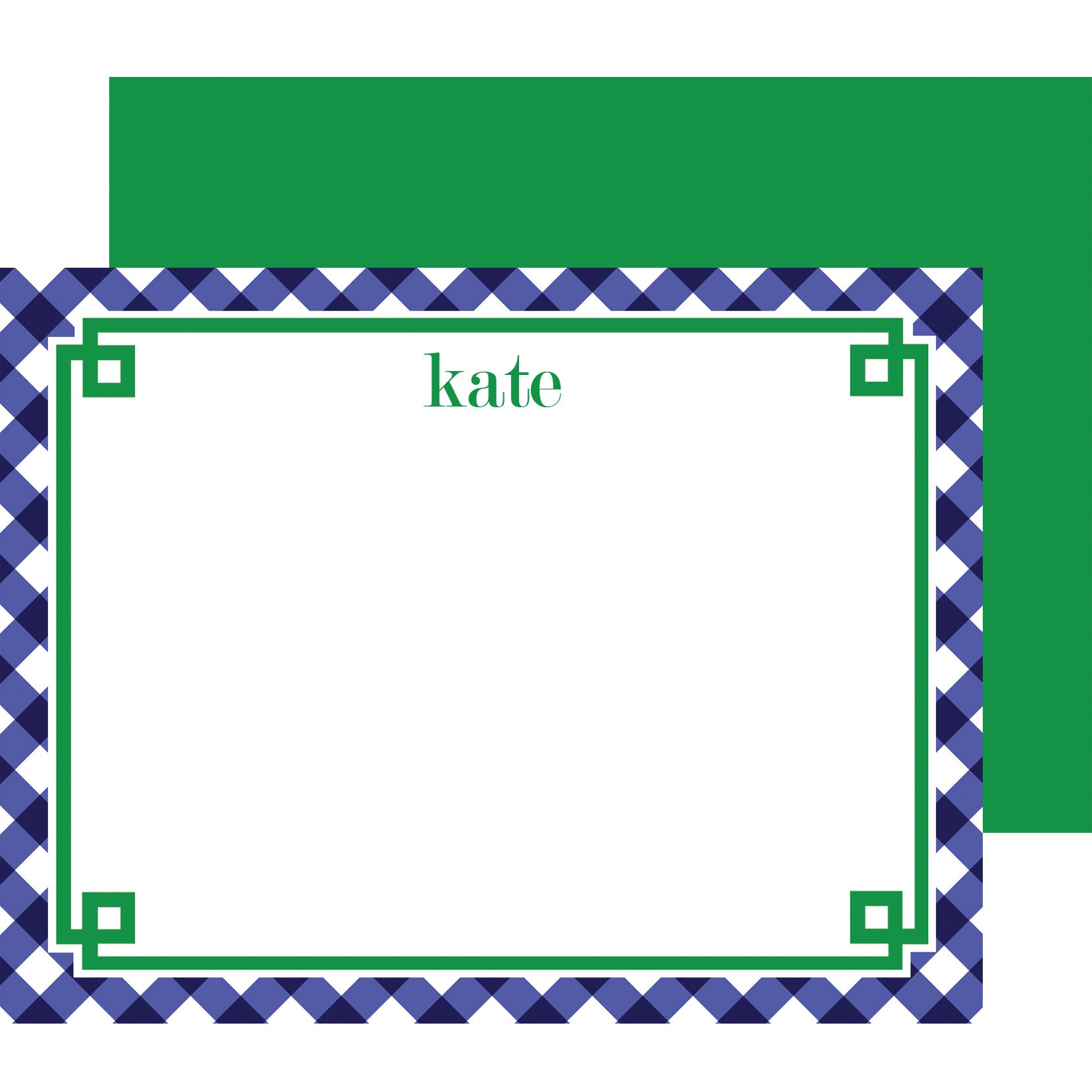 Navy Blue Gingham Fretwork Personalized Flat Notecard