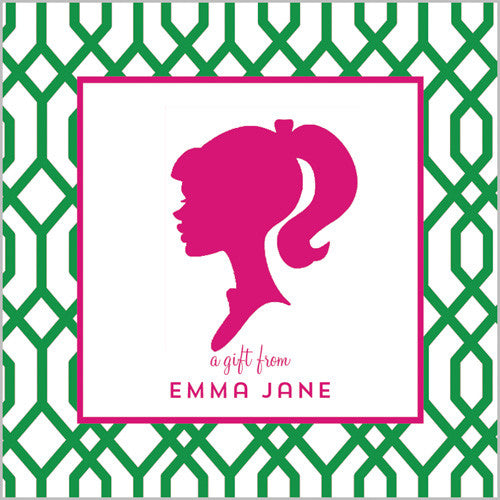 Green w/Hot Pink Girl Silhouette Gift Sticker - Set of 24