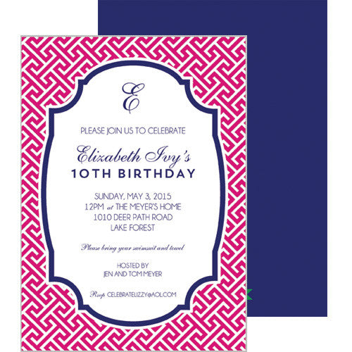 Greek Key Party Invitation - Hot Pink