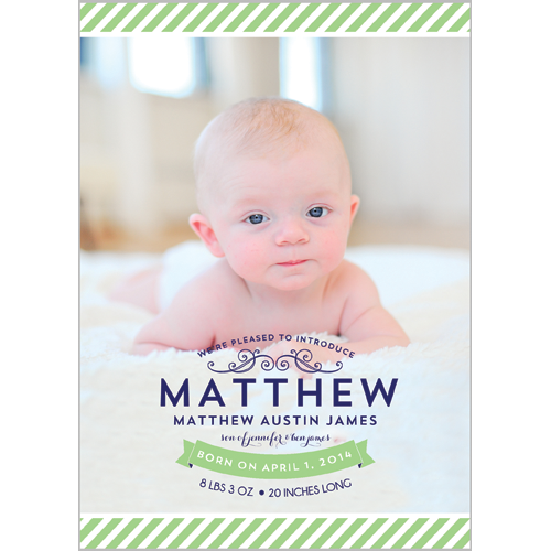 Preppy Green Stripe Photo Birth Announcement Card Wholesale