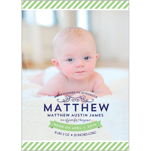 Preppy Green Stripe Photo Birth Announcement Card