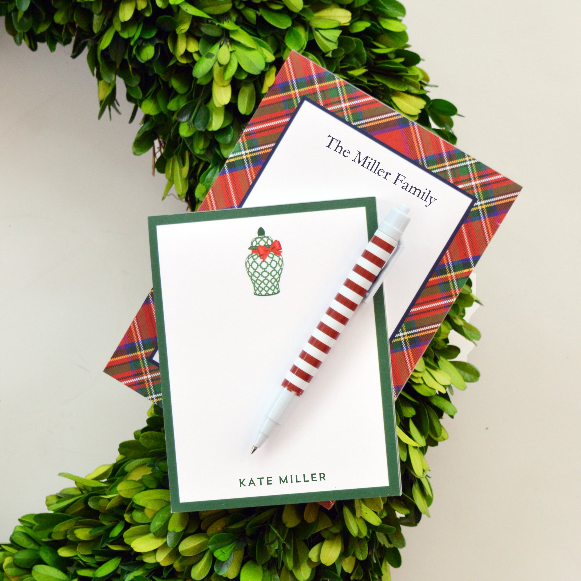 Green Geometric Ginger Jar with Red Bow Personalized Notepad