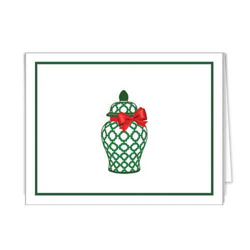 In Stock Folded Notecard Set of 10 | Green Geometric Ginger Jar with Red Bow