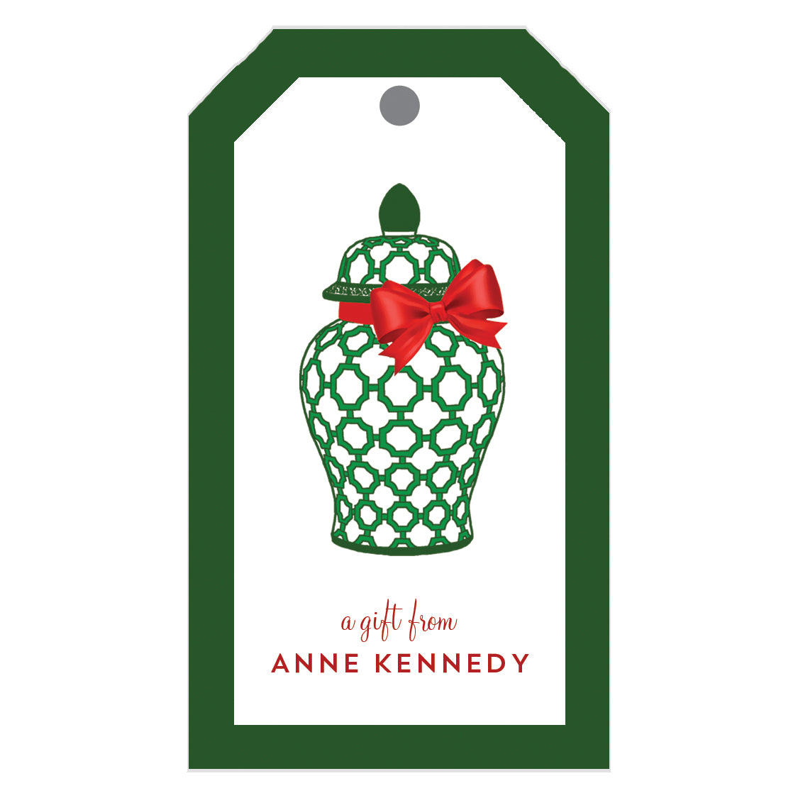Green Geometric Ginger Jar with Red Bow Personalized Christmas Gift Tags