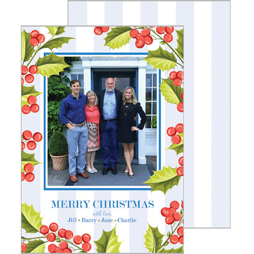 Holly Blue Stripe Christmas Photo Card