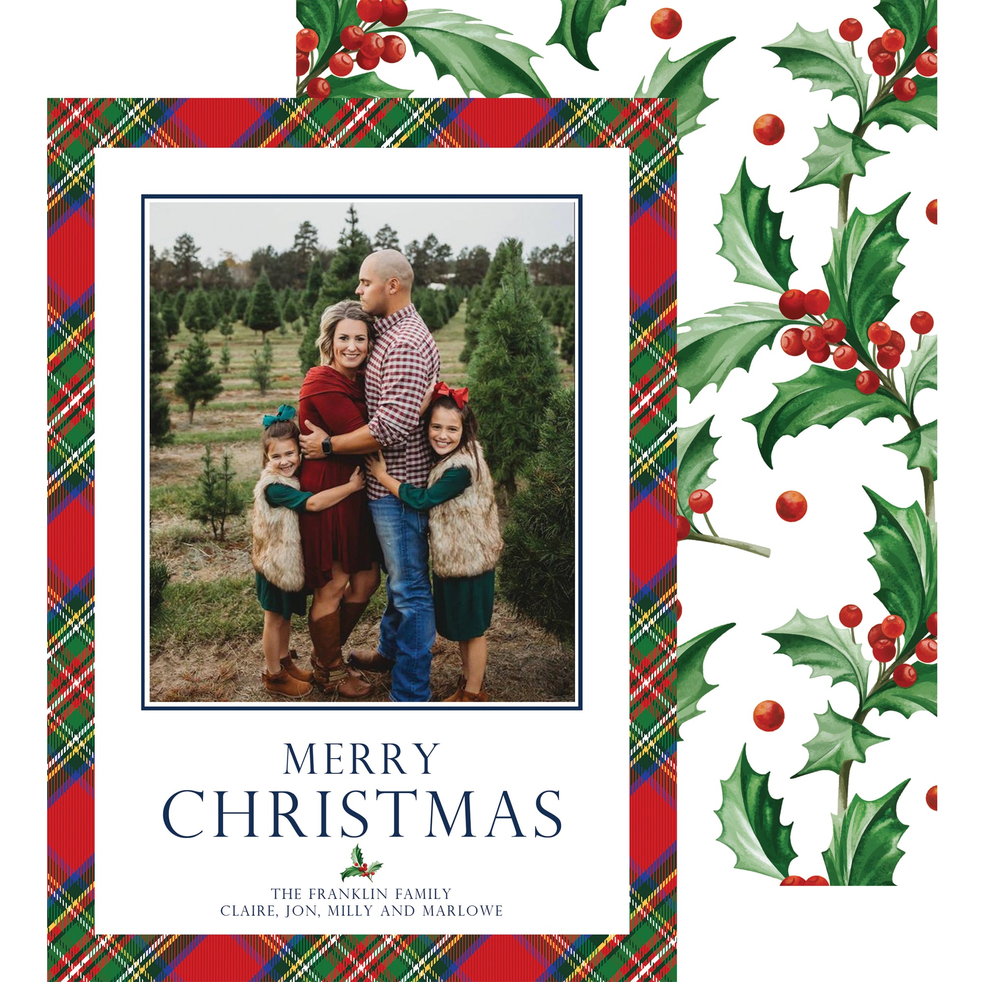 Tartan Plaid and Holly Vertical Christmas Photo Card