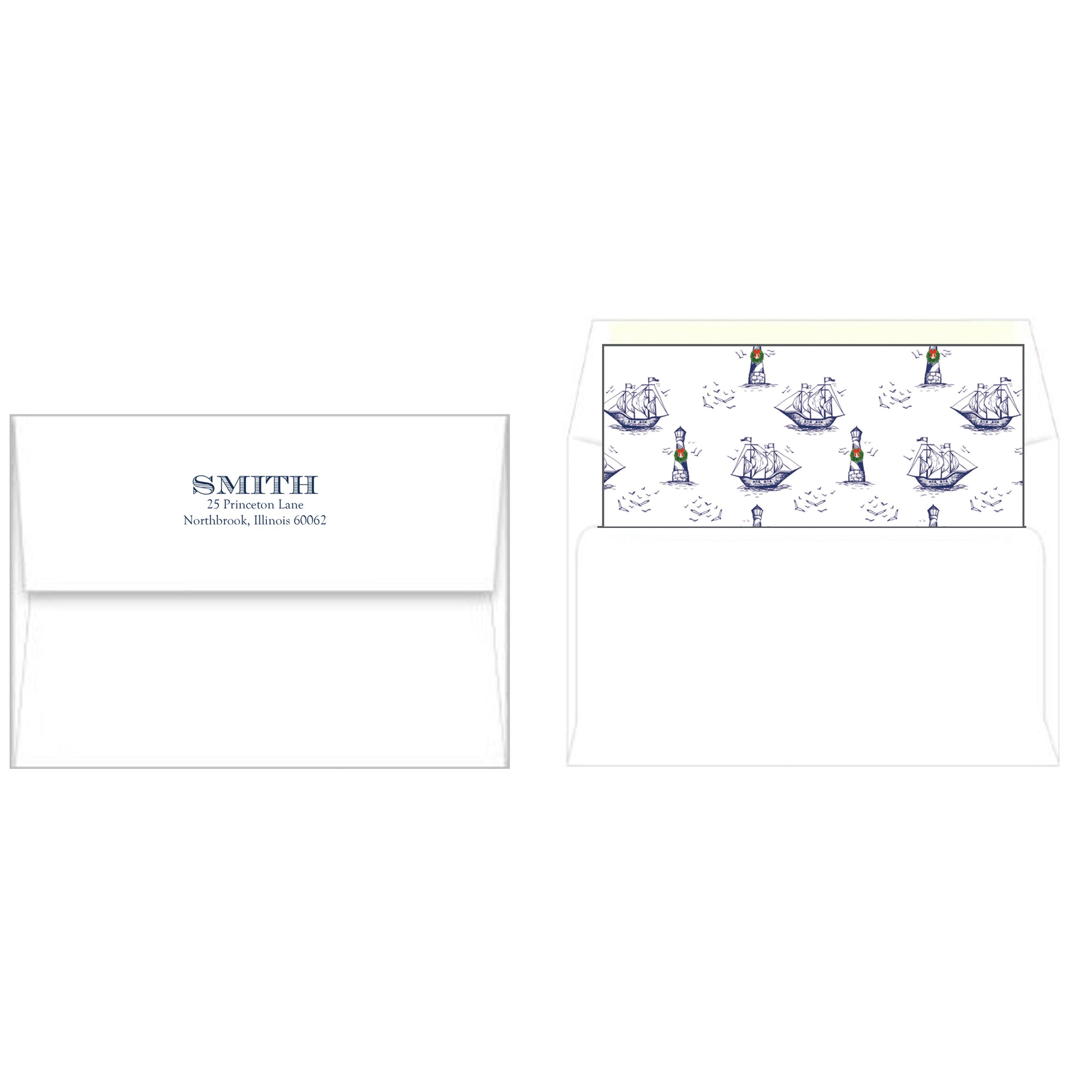 Photo Mount Holiday Photo Card | Christmas Lighthouse and Nautical Toile