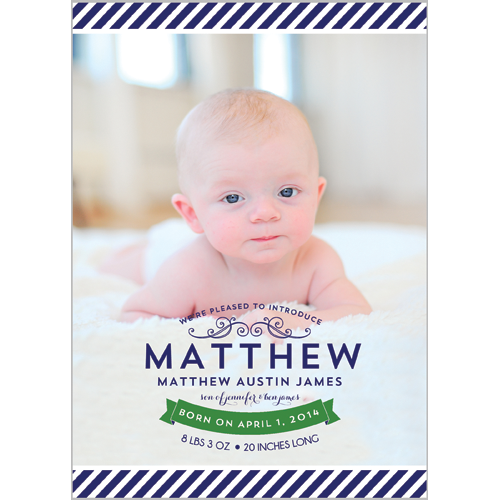 Preppy Navy Blue Stripe Photo Birth Announcement Card Wholesale