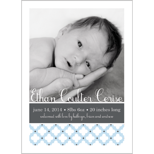 Pale Blue & Grey Clover Dot Photo Birth Announcement Card Wholesale