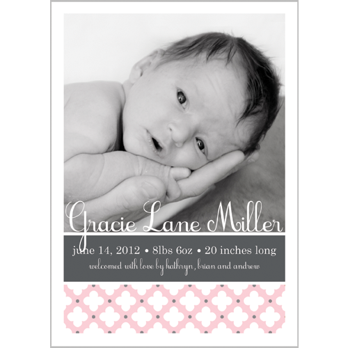 Pale Pink & Grey Clover Dot Photo Birth Announcement Card Wholesale