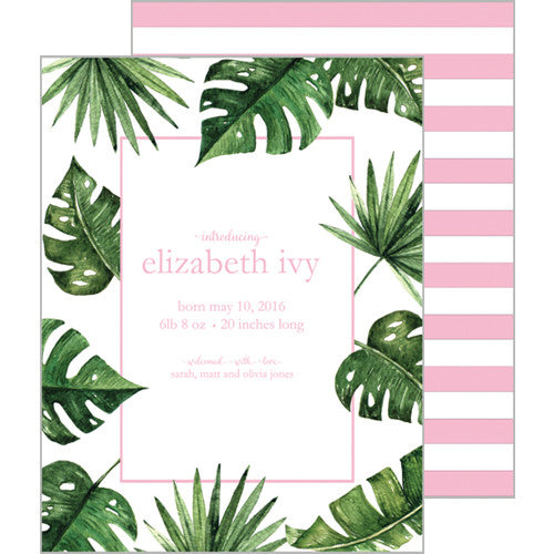 Palm Leaves + Cabana Stripes A2 Birth Announcement Card