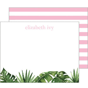 Palm Leaves + Cabana Stripes Personalized Flat Notecards