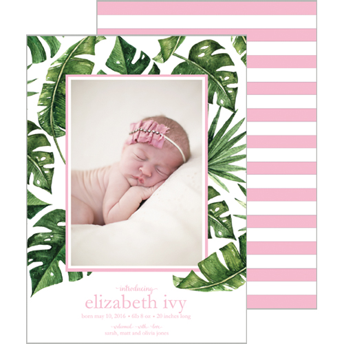 Palm Leaves + Cabana Stripes Photo Birth Announcement Card