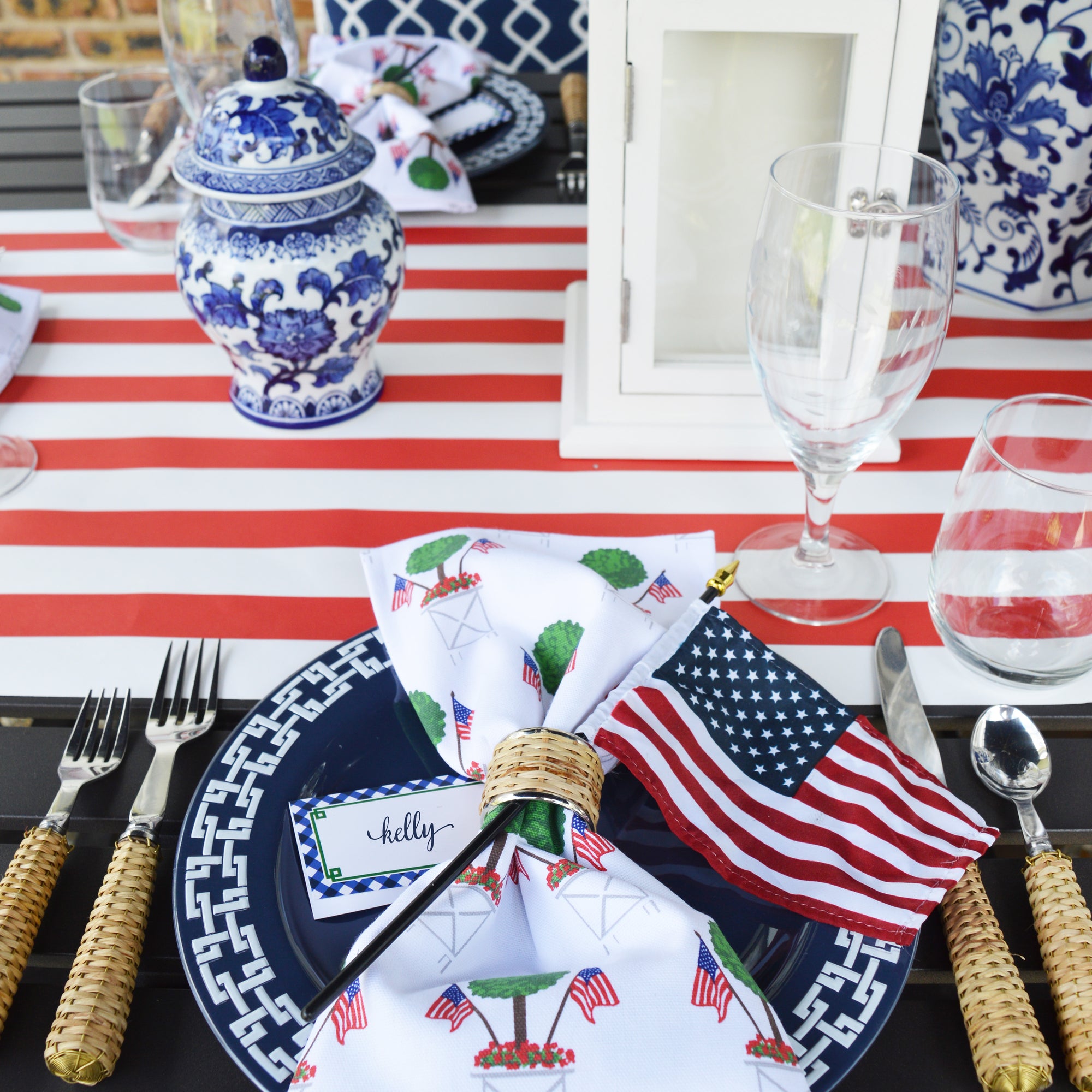 WH Hostess Cotton Tea Towel | Patriotic Topiary Tree Pattern