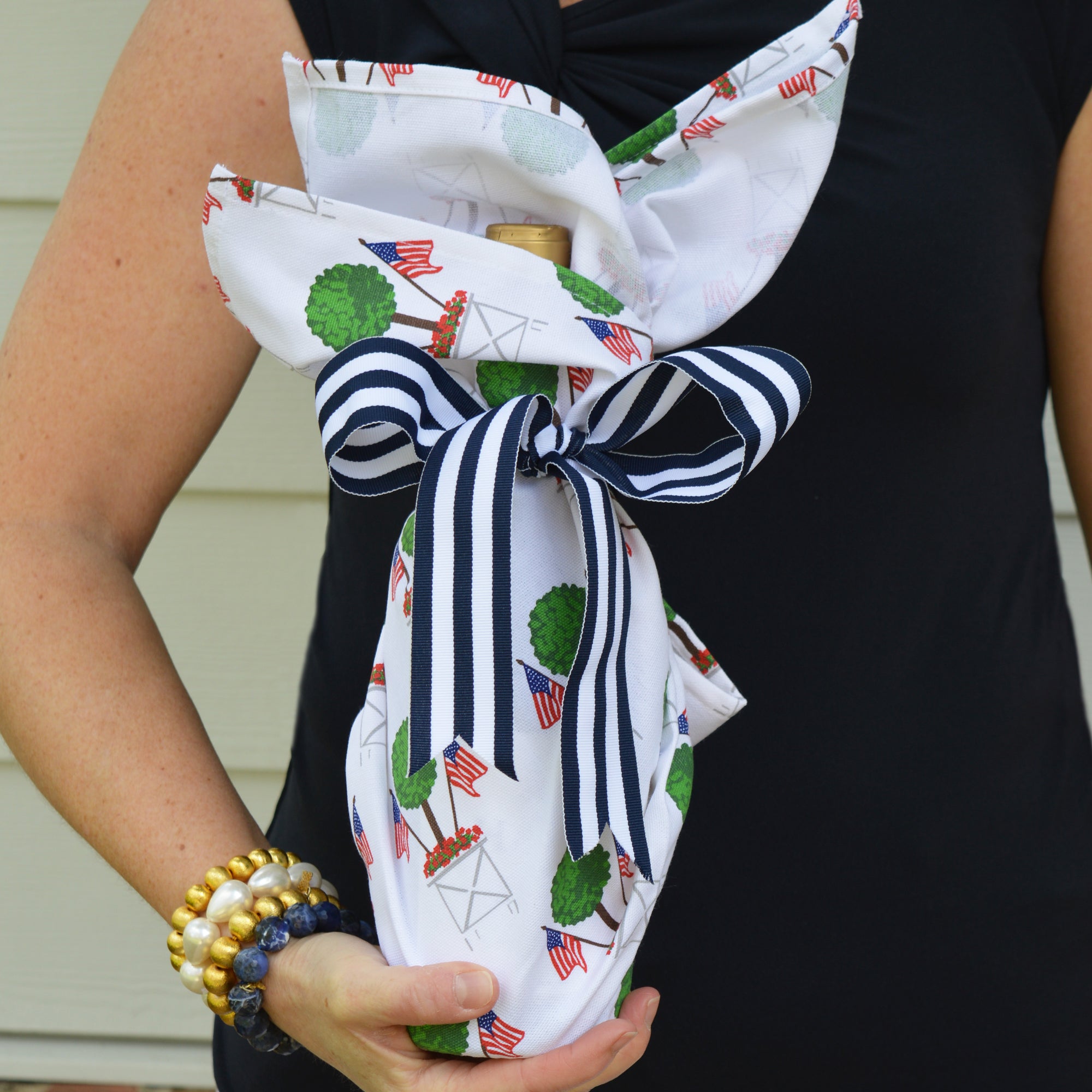 WH Hostess Cotton Tea Towel | Patriotic Topiary Tree Pattern