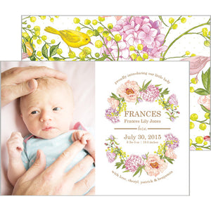 Peach and Yellow Floral Garden Photo Birth Announcement