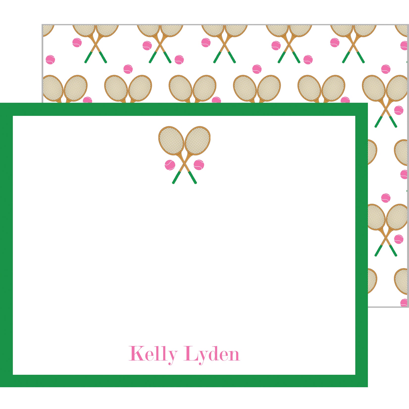 Wood Tennis Racquets + Pink Tennis Balls Personalized Flat Notecard